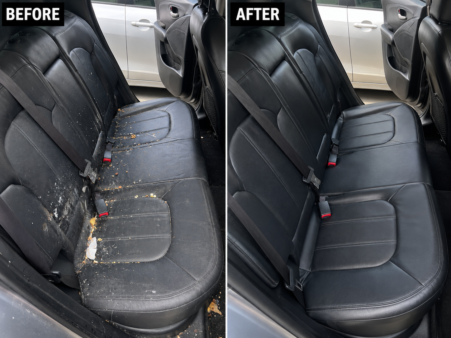 Before and after professional detailing of a vehicle rear seat