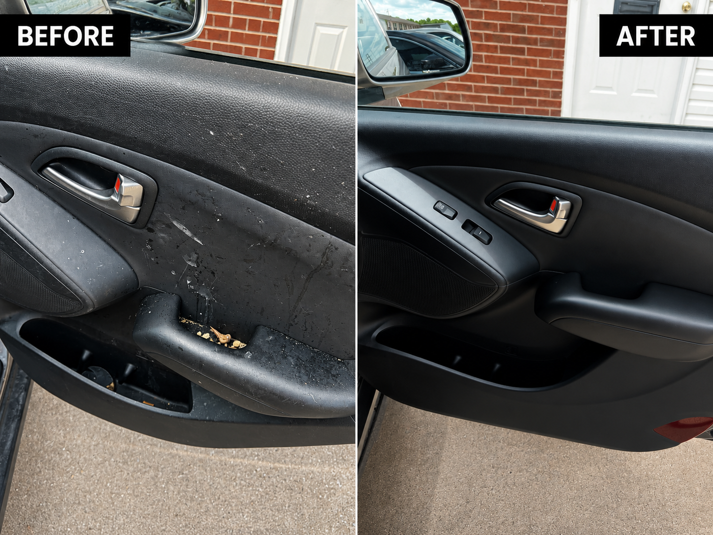 Before and after cleaning of a vehicle interior door panel