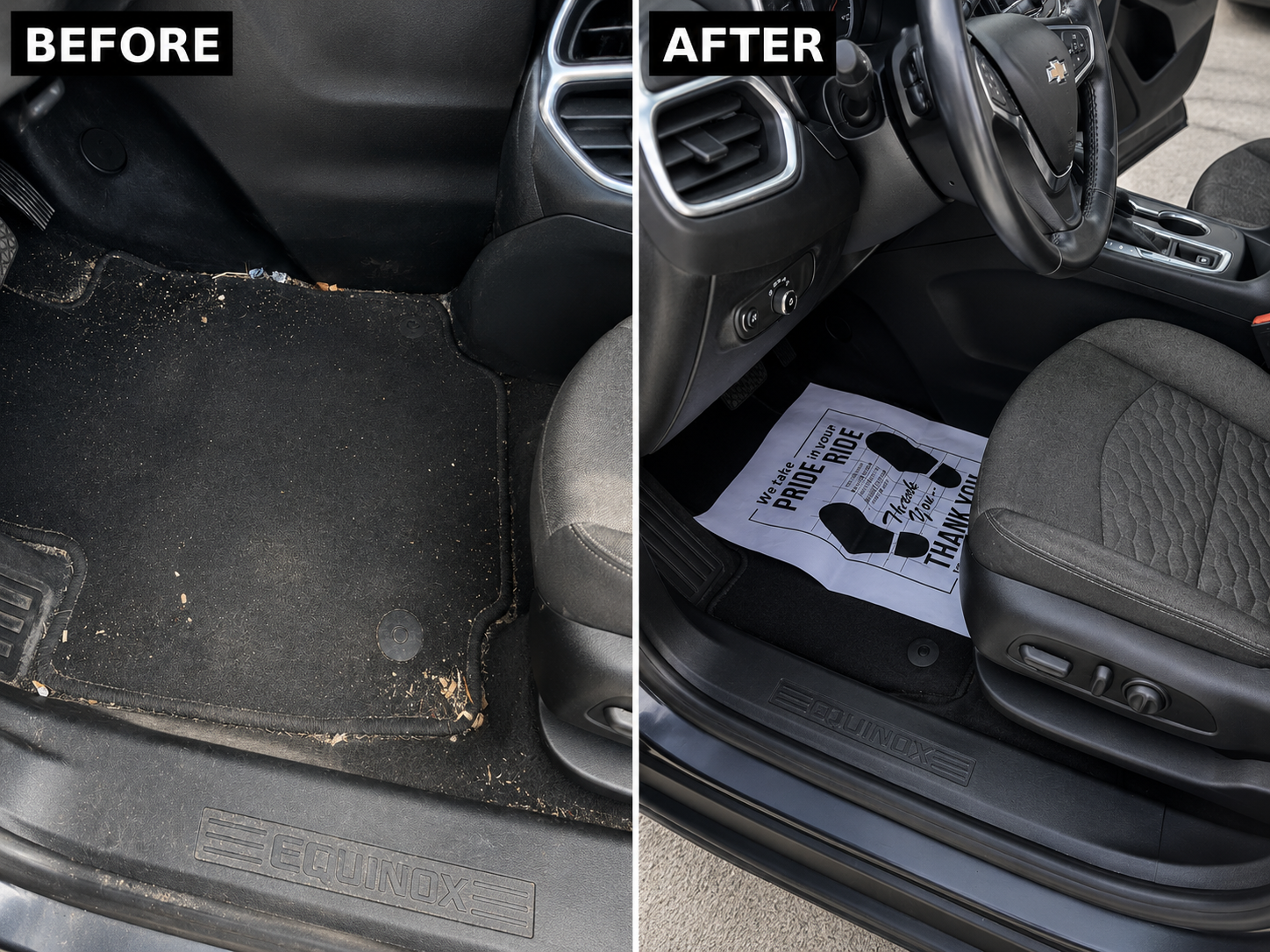 Before and after cleaning of a vehicle driver floor area
