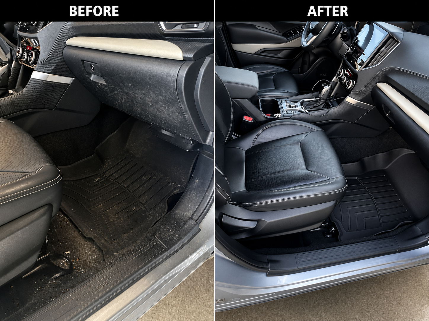 Before and after cleaning of a vehicle passenger-side interior