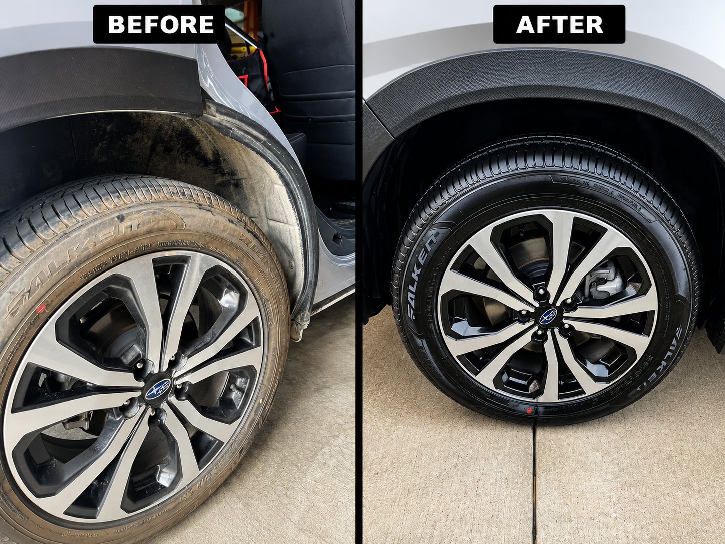 Before and after professional wheel and tire cleaning