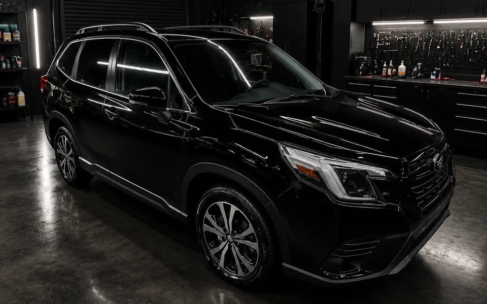 Glossy black SUV inside a professional detailing workshop